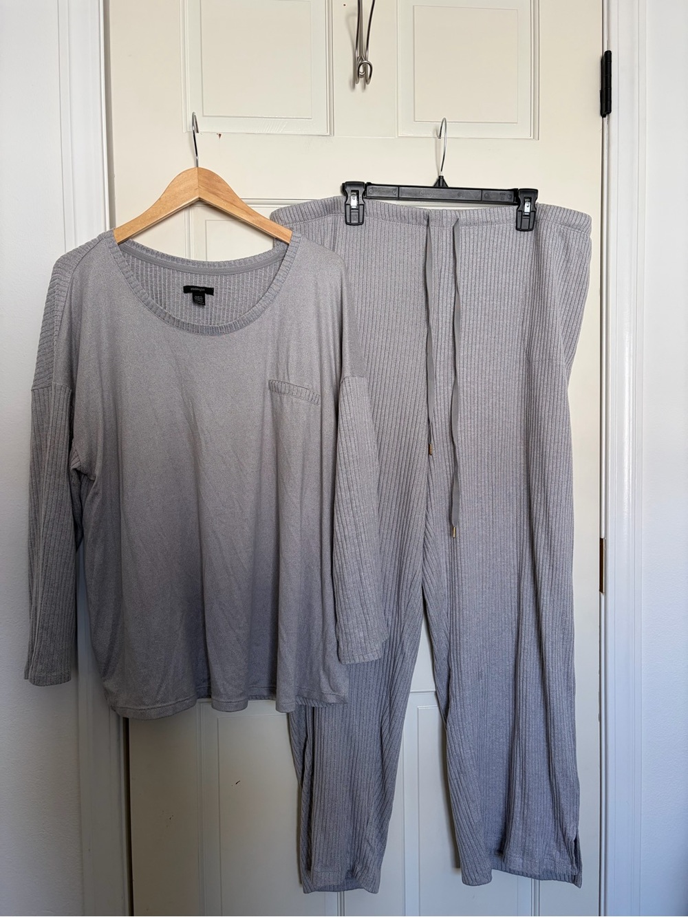 Light Gray Lounge Set - Ribbed Knit Top & Pants